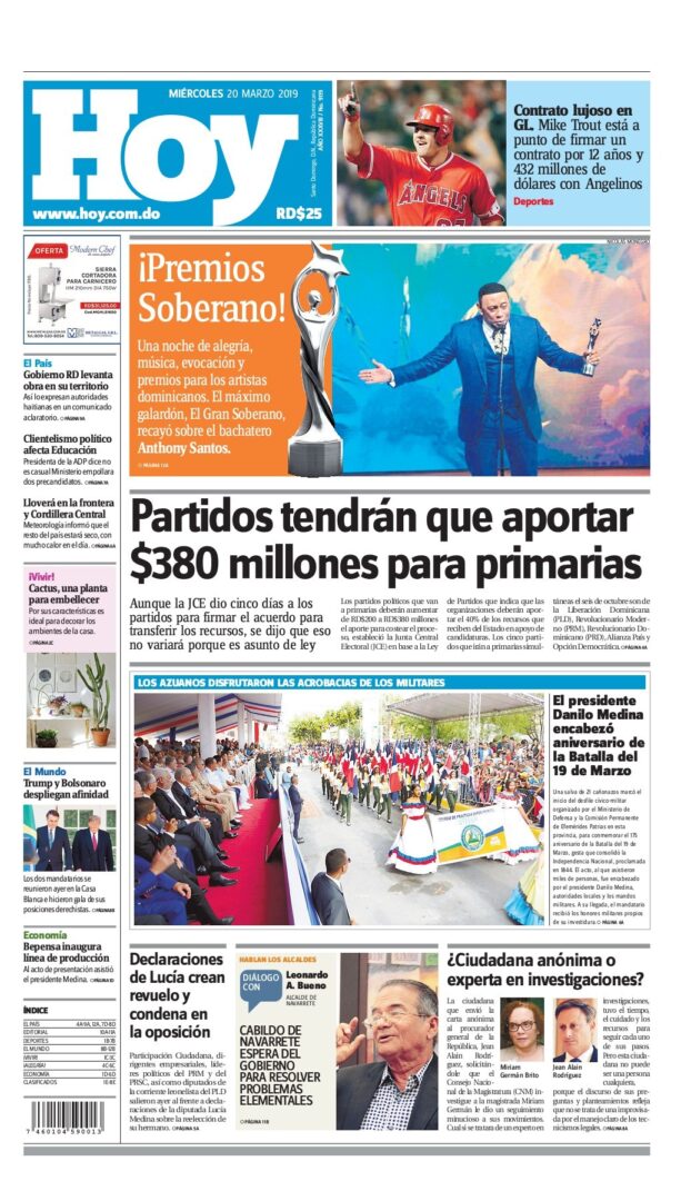Portada Periódico Hoy, Miércoles 20 de Marzo 2019