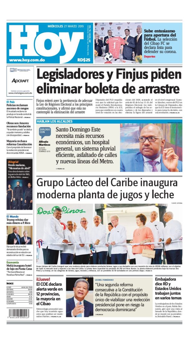 Portada Periódico Hoy, Miércoles 27 de Marzo 2019
