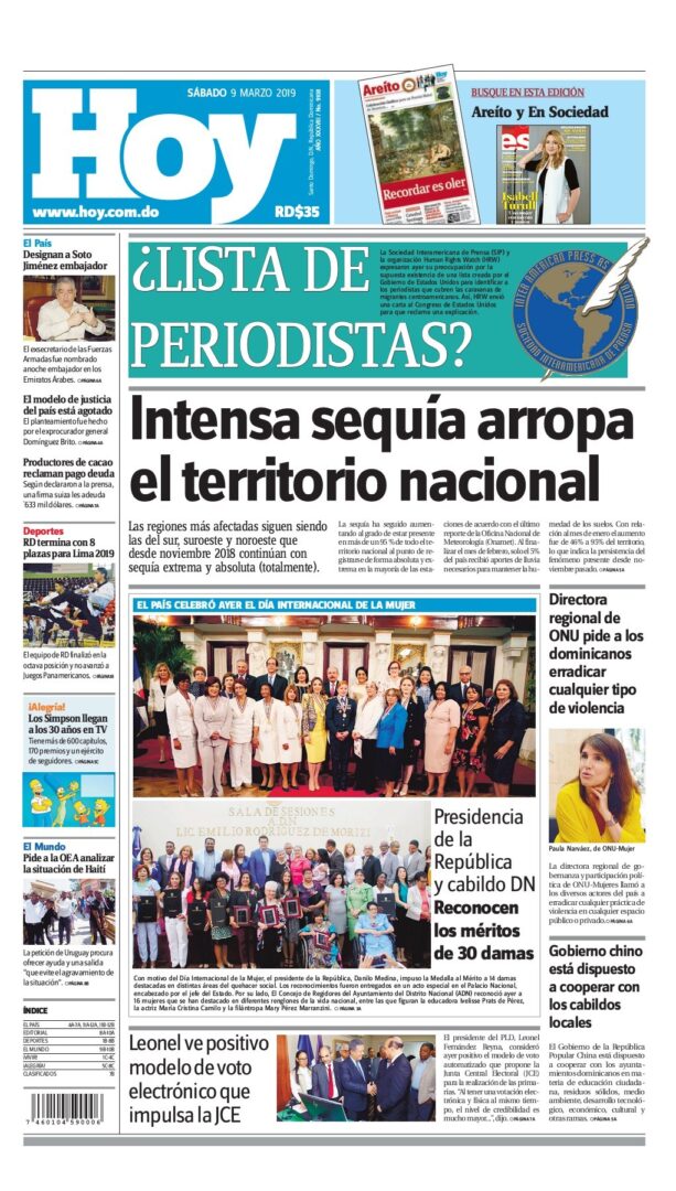Portada Periódico Hoy, Sábado 08 de Marzo 2019