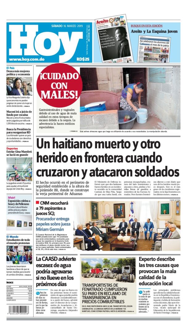 Portada Periódico Hoy, Sábado 16 de Marzo 2019
