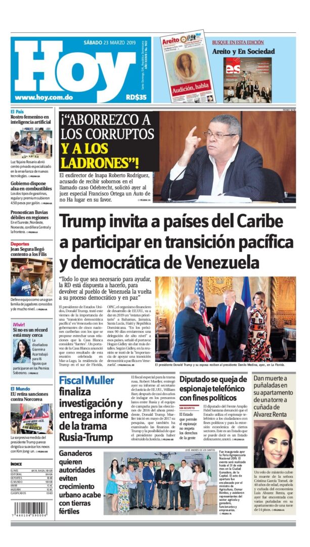 Portada Periódico Hoy, Sábado 23 de Marzo 2019