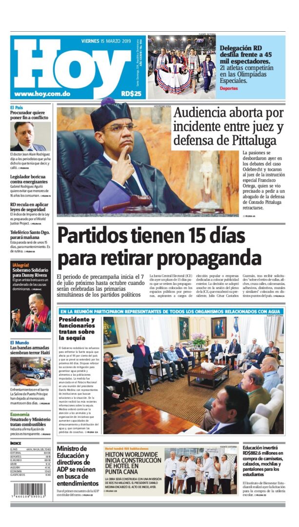 Portada Periódico Hoy, Viernes 15 de Marzo 2019