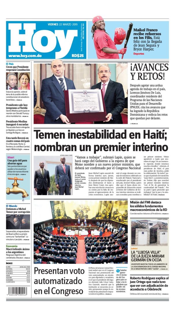Portada Periódico Hoy, Viernes 22 de Marzo 2019