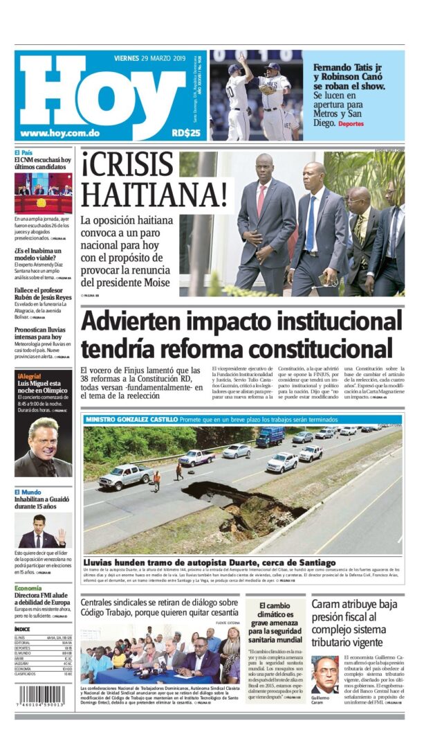 Portada Periódico Hoy, Viernes 29 de Marzo 2019