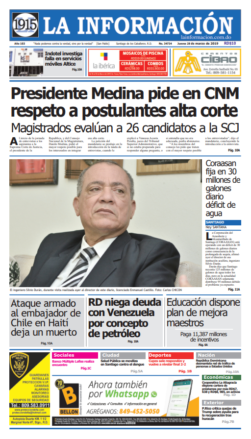 Portada Periódico La Información, Jueves 28 de Marzo 2019