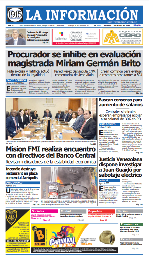 Portada Periódico La Información, Miércoles 13 de Marzo 2019