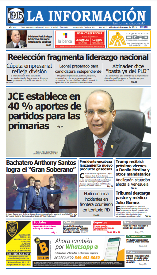 Portada Periódico La Información, Miércoles 20 de Marzo 2019