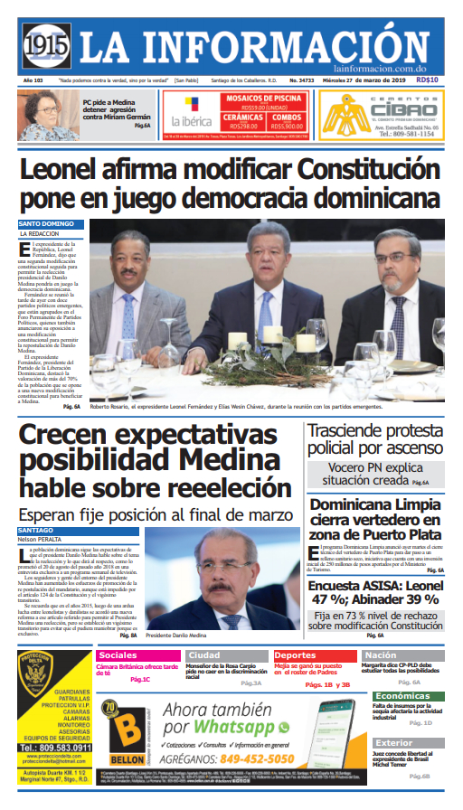 Portada Periódico La Información, Miércoles 27 de Marzo 2019