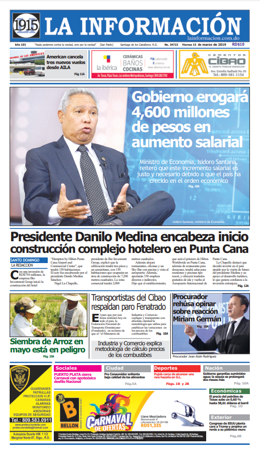 Portada Periódico La Información, Viernes 15 de Marzo 2019