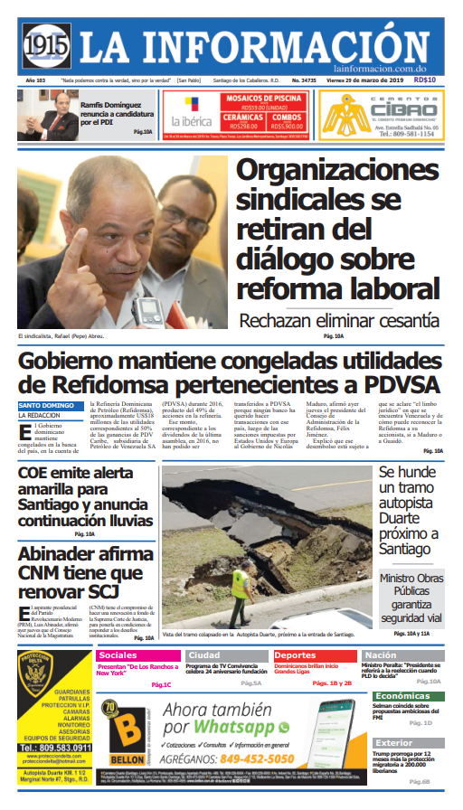 Portada Periódico La Información, Viernes 29 de Marzo 2019