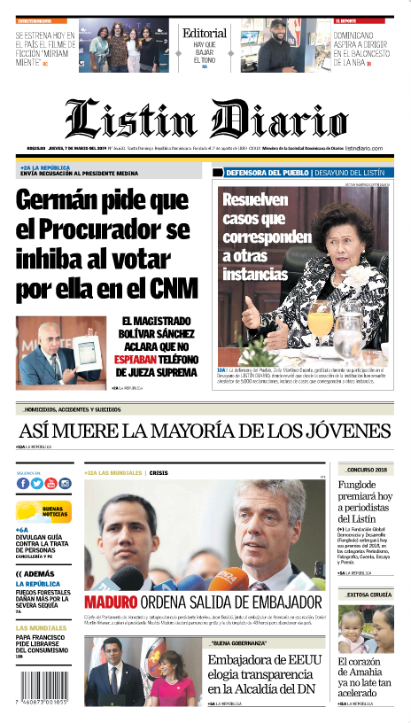 Portada Periódico Listín Diario, Jueves 07 de Marzo 2019