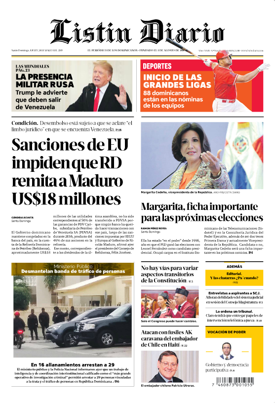 Portada Periódico Listín Diario, Jueves 28 de Marzo 2019