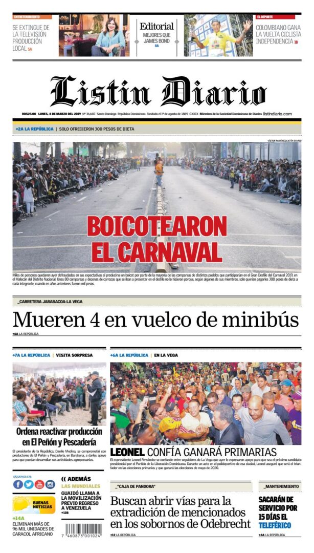 Portada Periódico Listín Diario, Lunes 04 de Marzo 2019