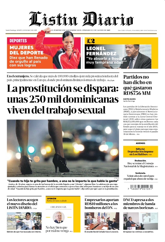 Portada Periódico Listín Diario, Martes 12 de Marzo 2019