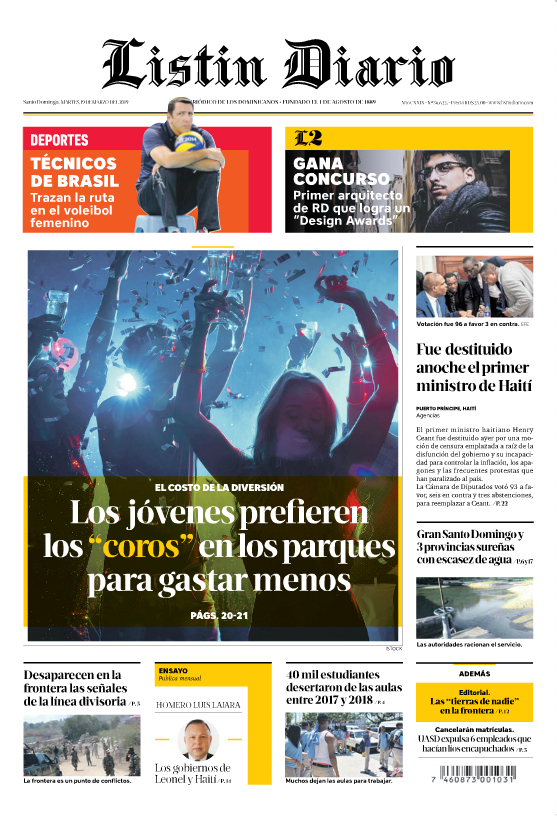 Portada Periódico Listín Diario, Martes 19 de Marzo 2019
