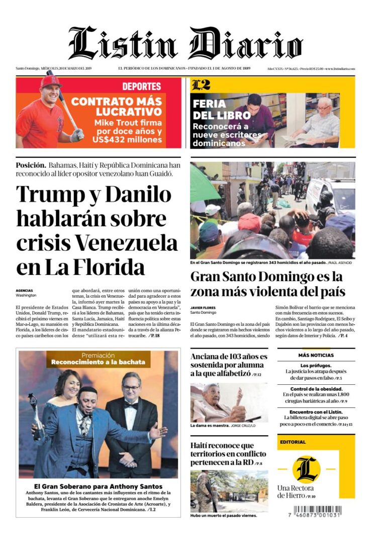Portada Periódico Listín Diario, Miércoles 20 de Marzo 2019