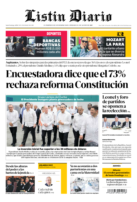 Portada Periódico Listín Diario, Miércoles 27 de Marzo 2019
