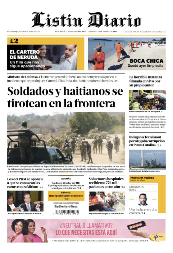 Portada Periódico Listín Diario, Sábado 16 de Marzo 2019