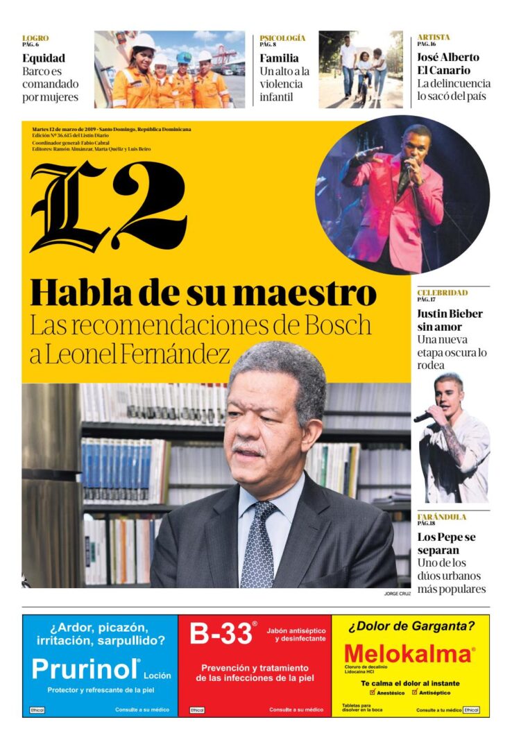 Portada Periódico Listín Diario – Sección L2, Martes 12 de Marzo 2019