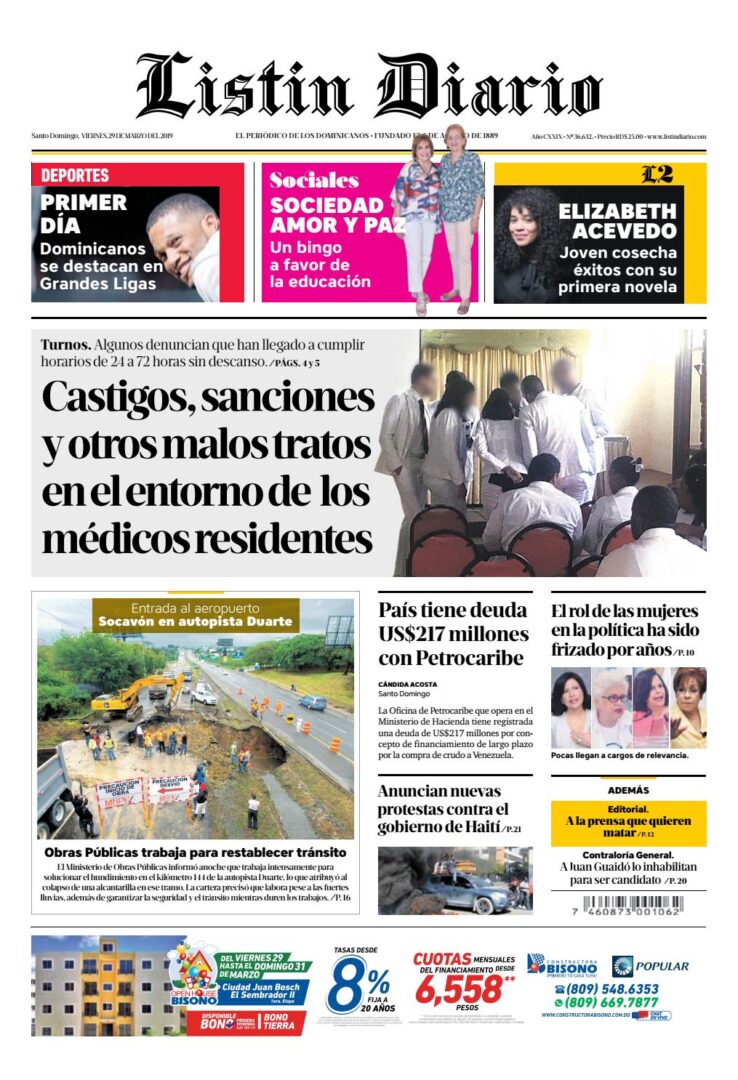 Portada Periódico Listín Diario, Viernes 29 de Marzo 2019