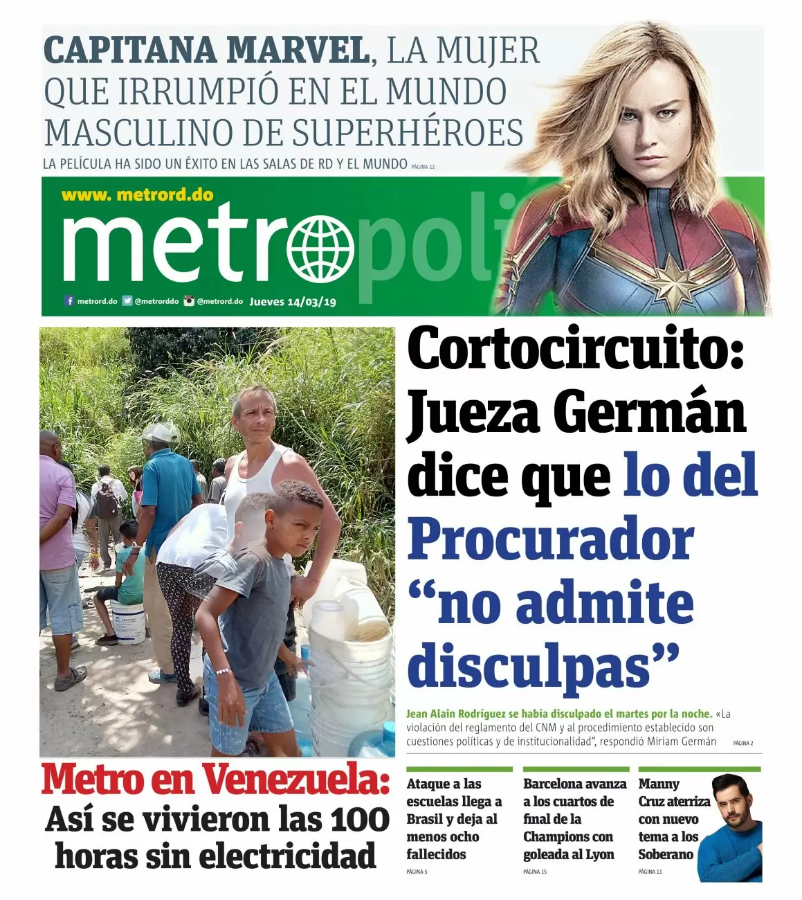 Portada Periódico Metro, Jueves 14 de Marzo 2019