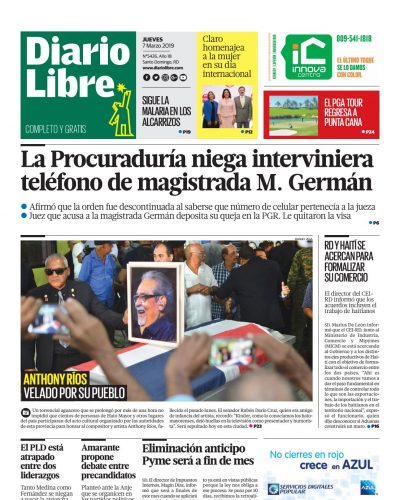 Portada Periódico Diario Libre, Jueves 07 de Marzo 2019