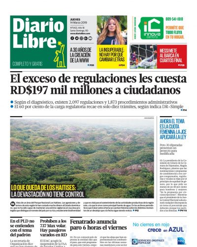 Portada Periódico Diario Libre, Jueves 14 de Marzo 2019