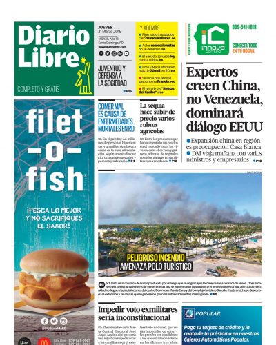 Portada Periódico Diario Libre, Jueves 21 de Marzo 2019