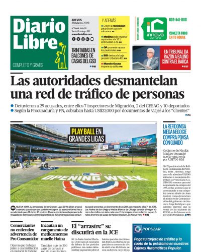 Portada Periódico Diario Libre, Jueves 28 de Marzo 2019
