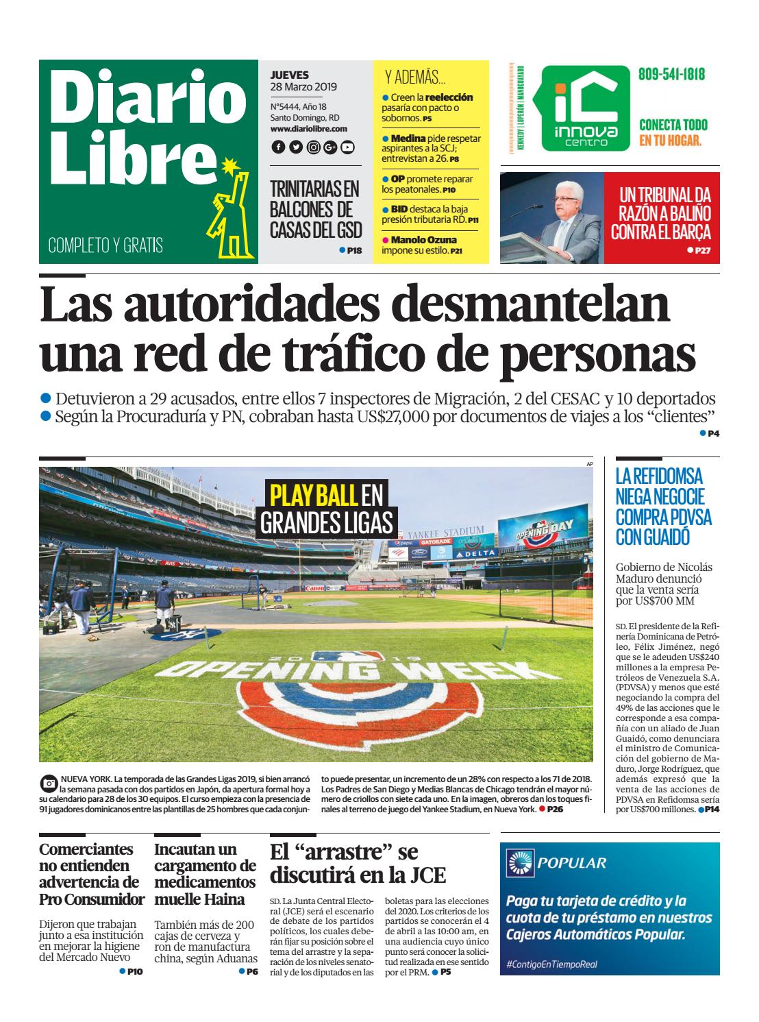Portada Periódico Diario Libre, Jueves 28 de Marzo 2019