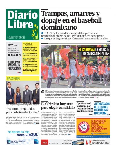 Portada Periódico Diario Libre, Lunes 04 de Marzo 2019