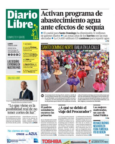 Portada Periódico Diario Libre, Lunes 11 de Marzo 2019