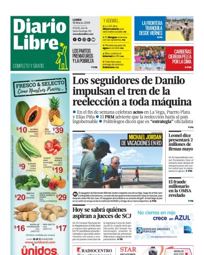 Portada Periódico Diario Libre, Lunes 18 de Marzo 2019