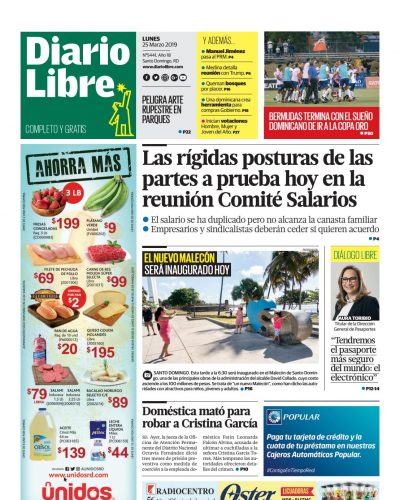 Portada Periódico Diario Libre, Lunes 25 de Marzo 2019