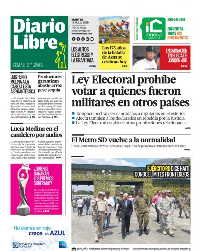 Portada Periódico Diario Libre, Martes 19 de Marzo 2019