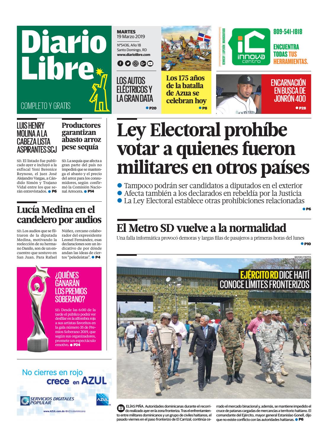 Portada Periódico Diario Libre, Martes 19 de Marzo 2019