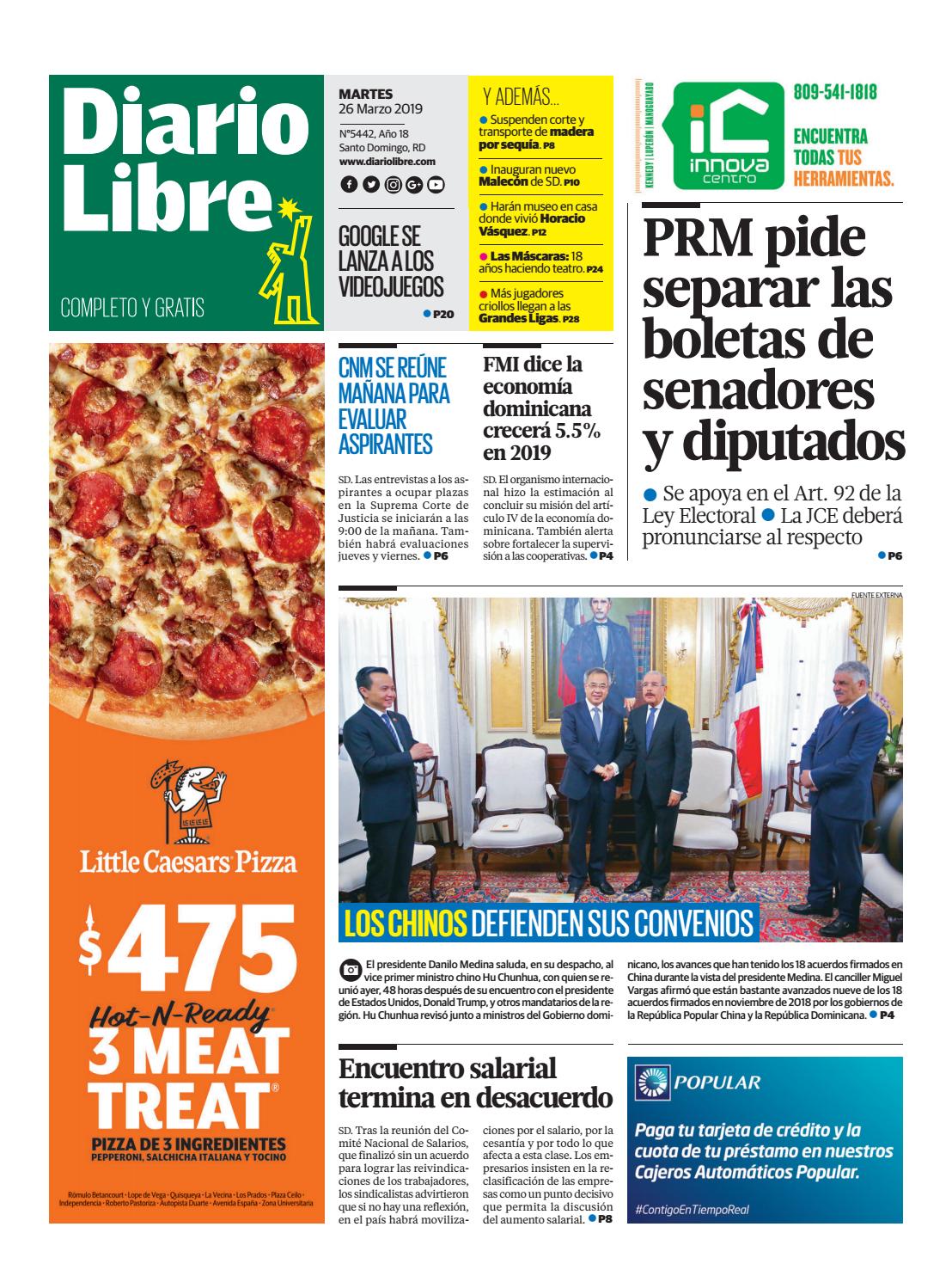 Portada Periódico Diario Libre, Martes 26 de Marzo 2019
