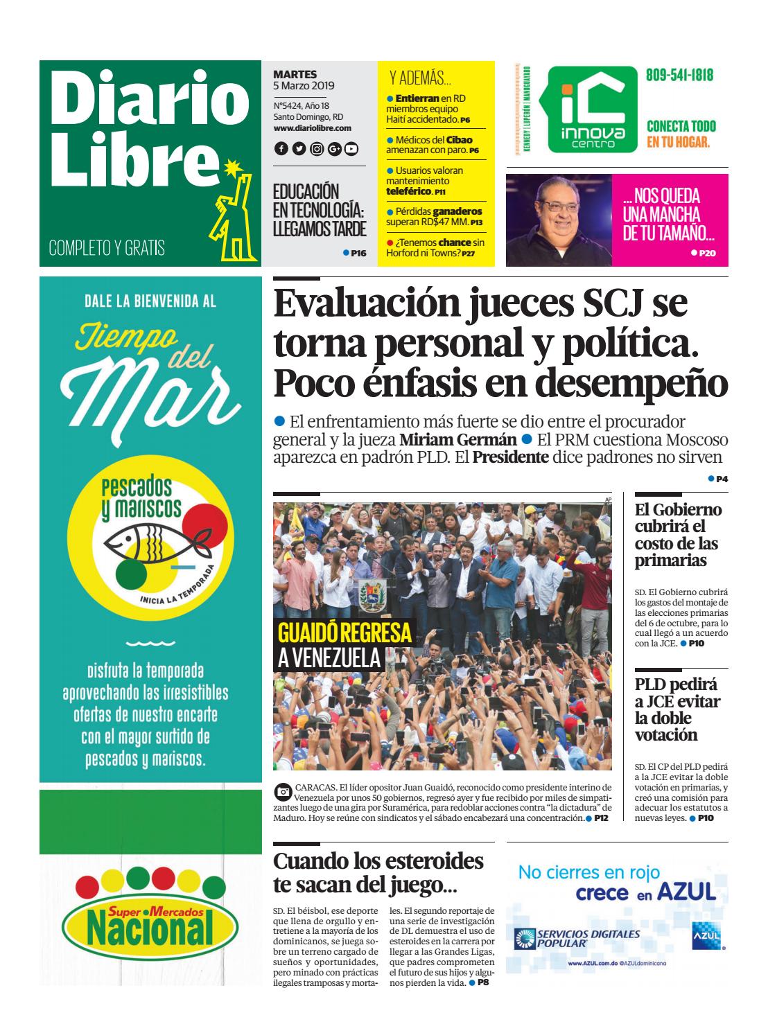 Portada Periódico Diario Libre, Miércoles 06 de Marzo 2019