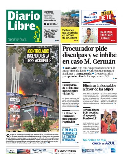 Portada Periódico Diario Libre, Miércoles 13 de Marzo 2019