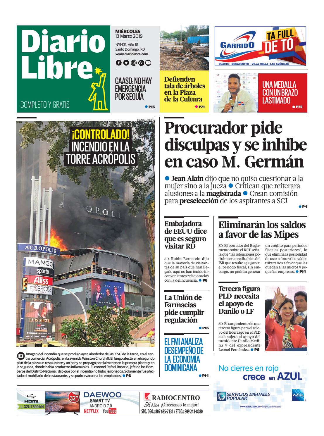 Portada Periódico Diario Libre, Miércoles 13 de Marzo 2019