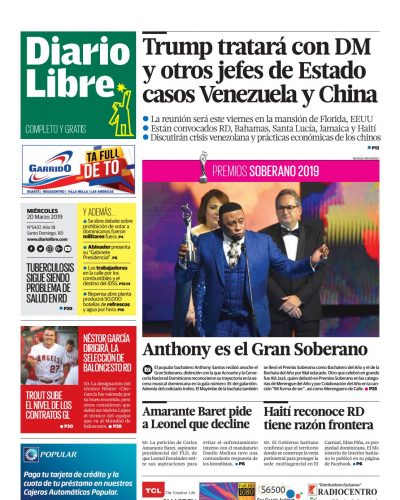 Portada Periódico Diario Libre, Miércoles 20 de Marzo 2019