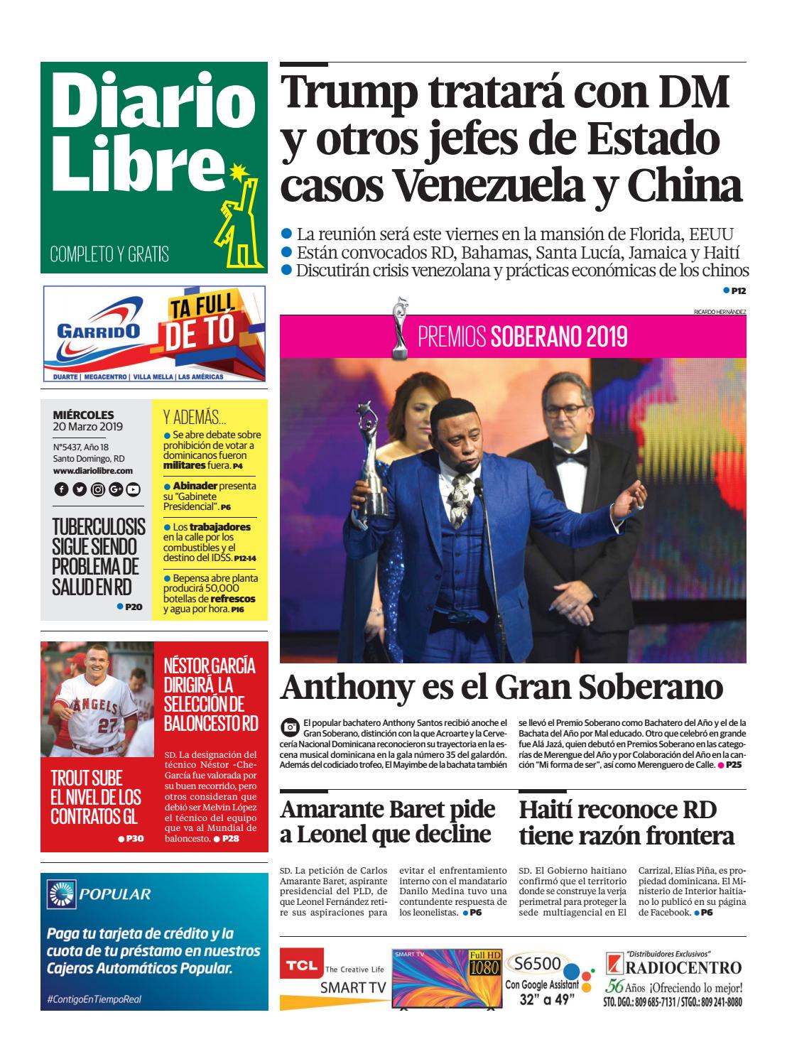 Portada Periódico Diario Libre, Miércoles 20 de Marzo 2019