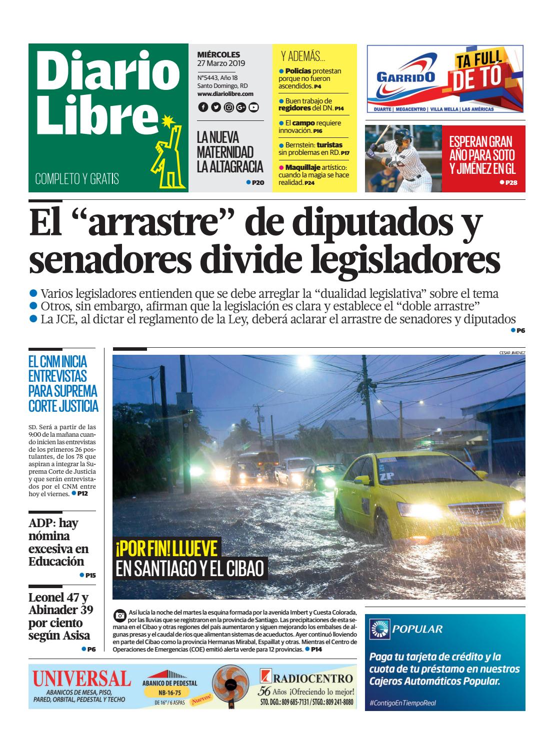 Portada Periódico Diario Libre, Miércoles 27 de Marzo 2019