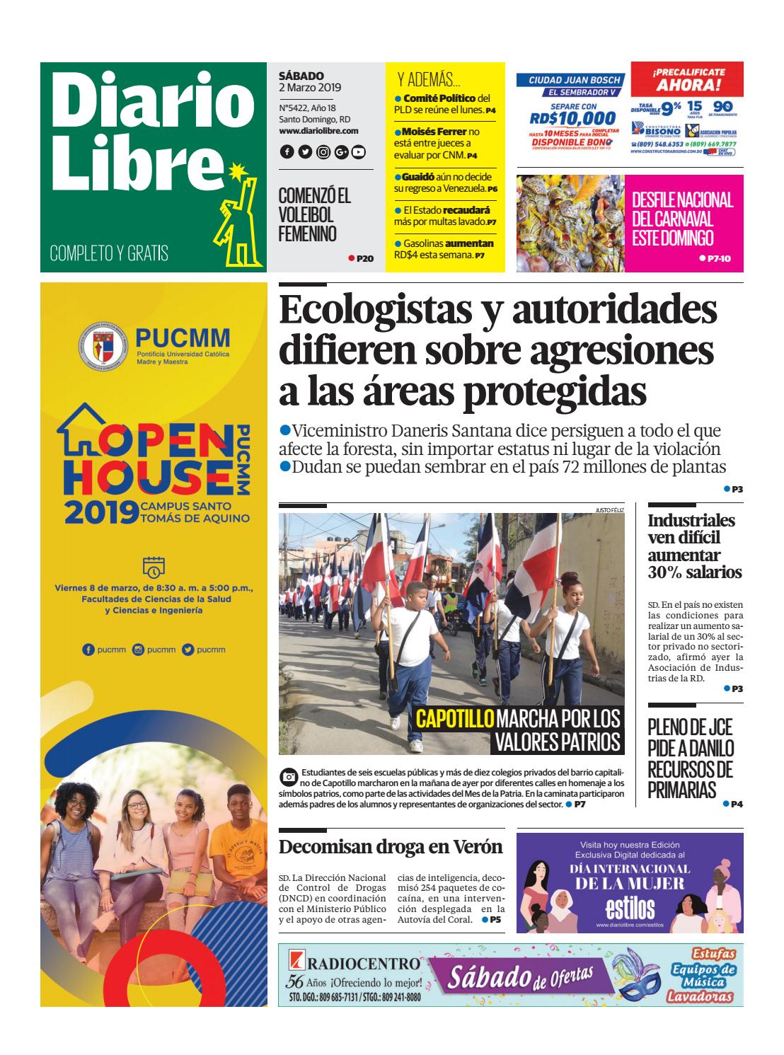 Portada Periódico Diario Libre, Sábado 02 de Marzo 2019