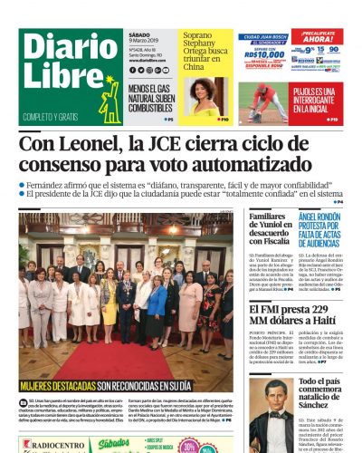 Portada Periódico Diario Libre, Sábado 08 de Marzo 2019