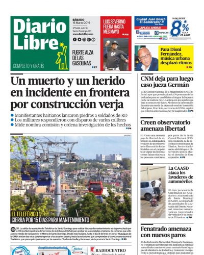 Portada Periódico Diario Libre, Sábado 16 de Marzo 2019
