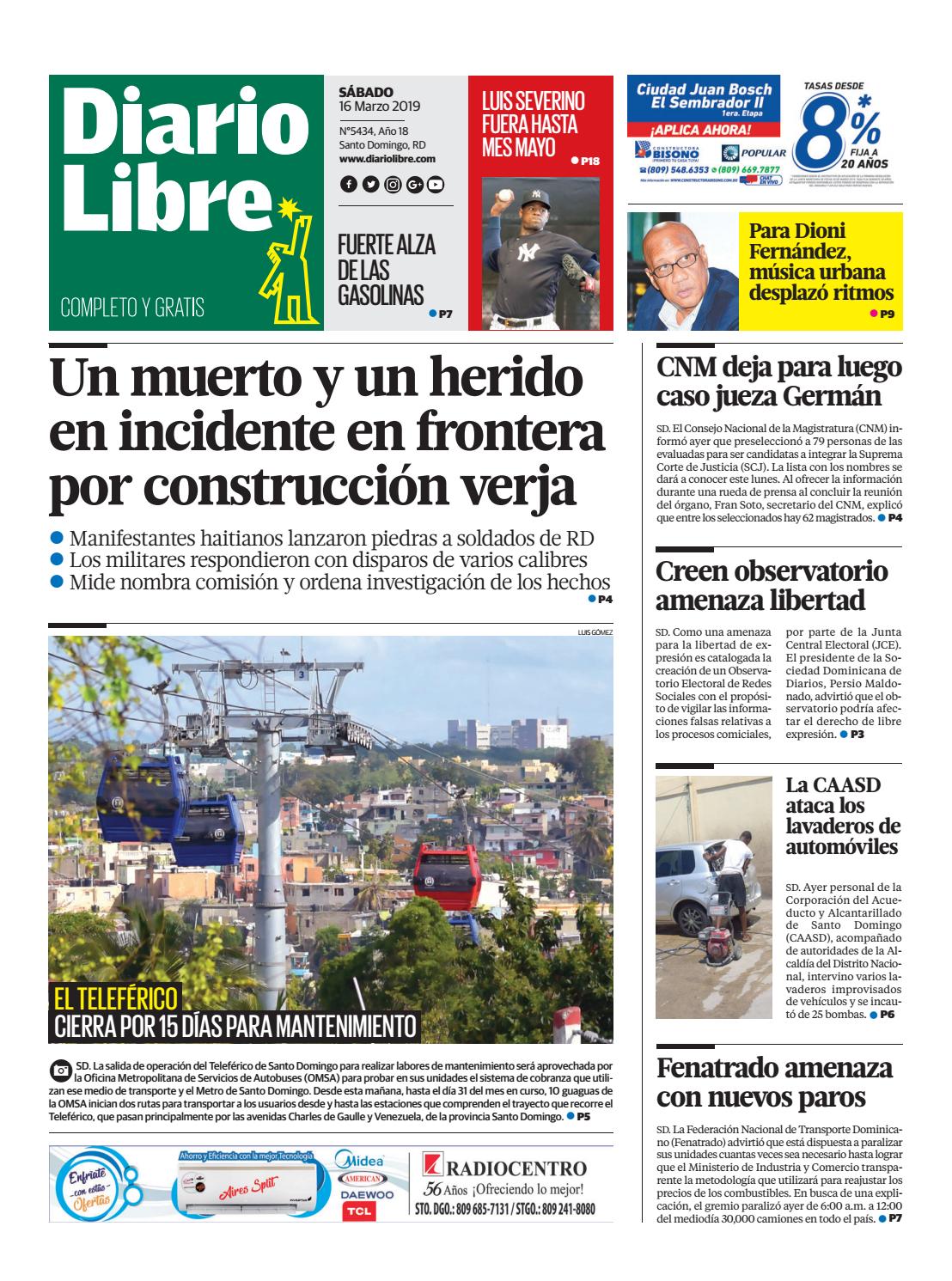 Portada Periódico Diario Libre, Sábado 16 de Marzo 2019