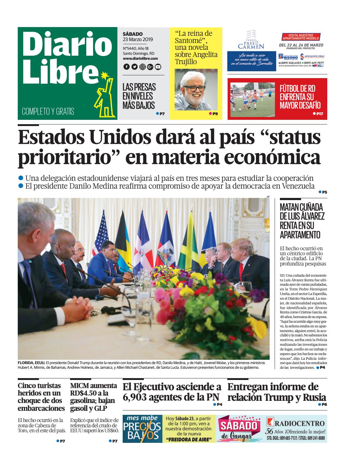 Portada Periódico Diario Libre, Sábado 23 de Marzo 2019
