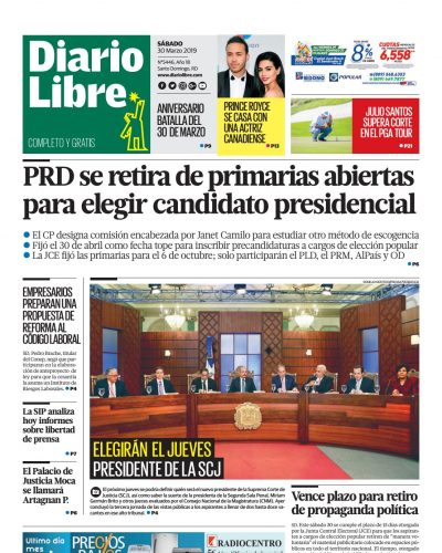 Portada Periódico Diario Libre, Sábado 30 de Marzo 2019