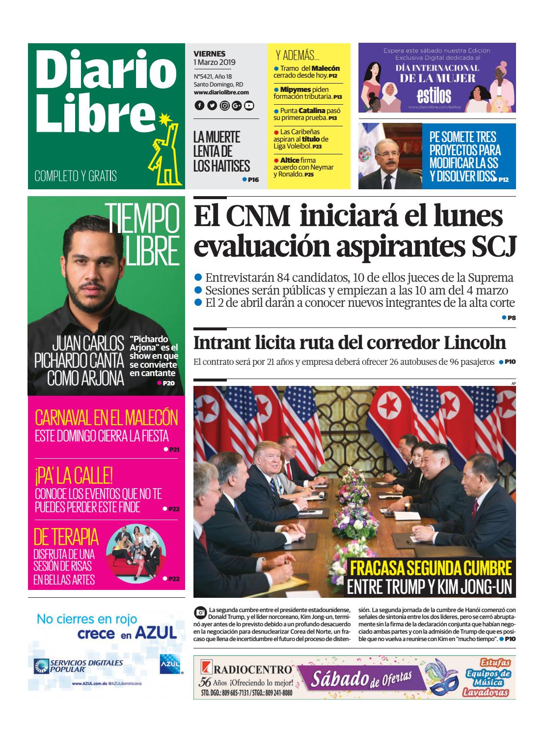 Portada Periódico Diario Libre, Viernes 01 de Marzo 2019